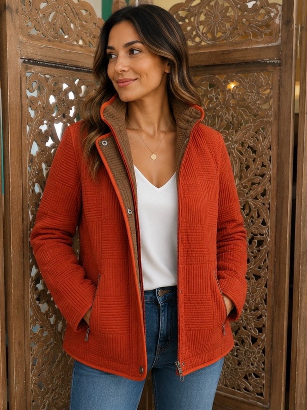 Gallery Quilted Orange Utility Jacket with Brown Trim